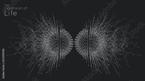 Attraction of life. Vector connecting particle tails. Small particles strive to each other. Blurred debrises into rays or lines under high speed of motion. Burst, explosion backdrop.