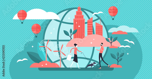 Urban ecology vector illustration. Flat tiny eco environment person concept