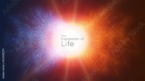 Colorful attraction of life. Vector connecting particle tails. Small particles strive to each other. Blurred debrises into rays or lines under high speed of motion. Burst, explosion backdrop.
