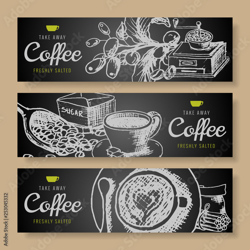 Cartoon vector hand drawn doodles coffee corporate identity. Horizontal banners menu cafe design. Coffee cup templates set.