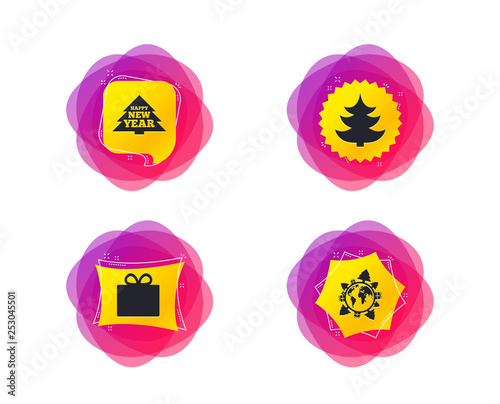 Happy new year icon. Christmas trees and gift box signs. World globe symbol. Geometric gradient sales shapes. Creative banners. Template for design. Vector