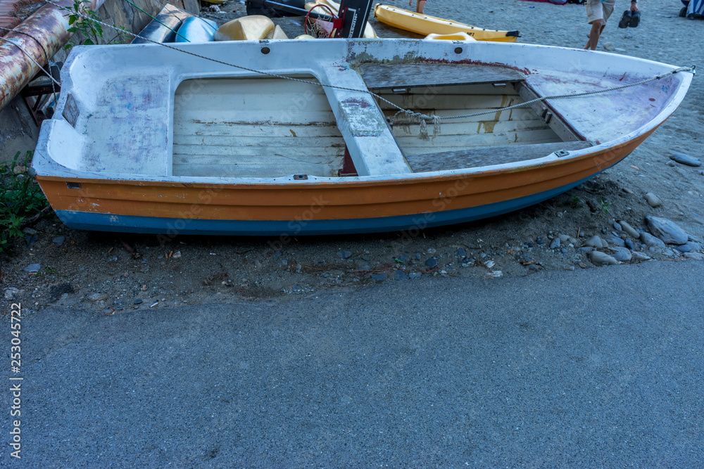 Italy, Cinque Terre, Monterosso, a boat sitting in the sand
