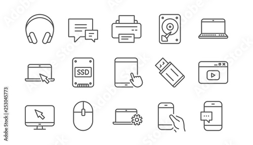 Device line icons. Laptop, SSD and Headphones. Printer linear icon set.  Vector