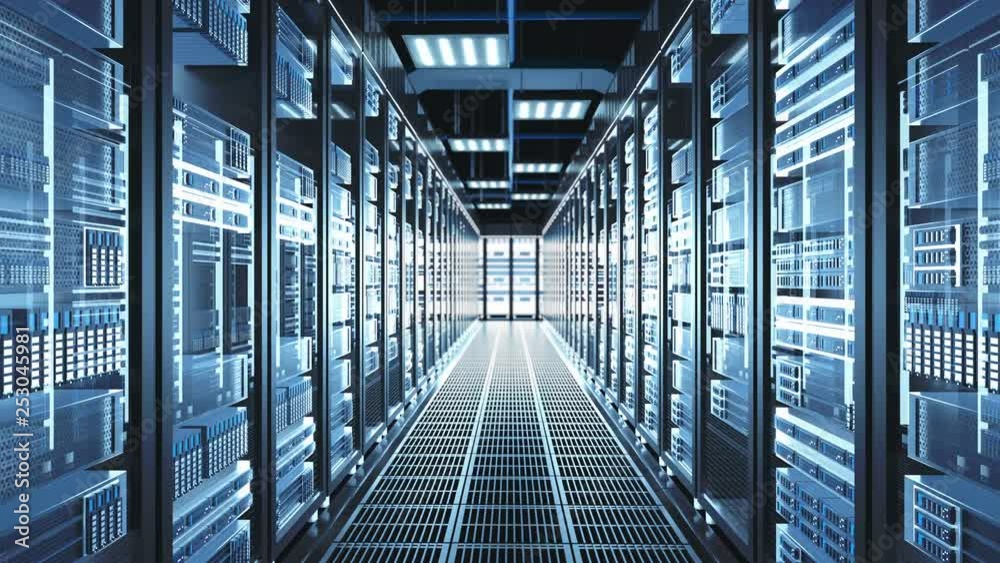 Descending Camera Shot of a Working Data Center Full of Server Racks. Clouds computing data storage 3d rendering. Modern futuristic HDD room. Backward Dolly Shot, 4K High Quality Animation Descending Camera Shot of a Working Data Center Full of Server Racks. Clouds computing data storage 3d rendering. Modern futuristic HDD room. Backward Dolly Shot, 4K High Quality Animation