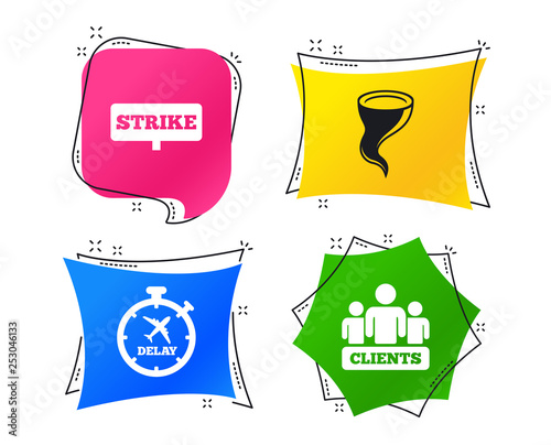 Strike icon. Storm bad weather and group of people signs. Delayed flight symbol. Geometric colorful tags. Banners with flat icons. Trendy design. Vector