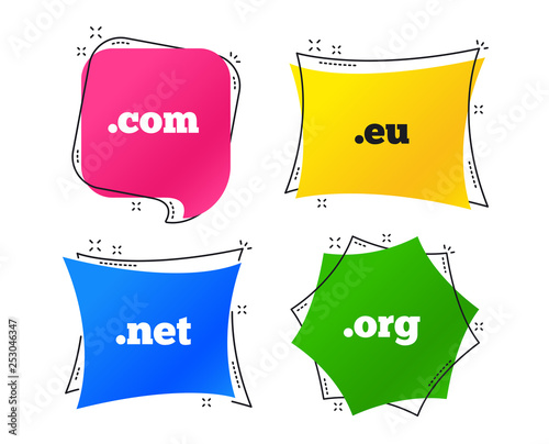 Top-level internet domain icons. Com, Eu, Net and Org symbols. Unique DNS names. Geometric colorful tags. Banners with flat icons. Trendy design. Vector