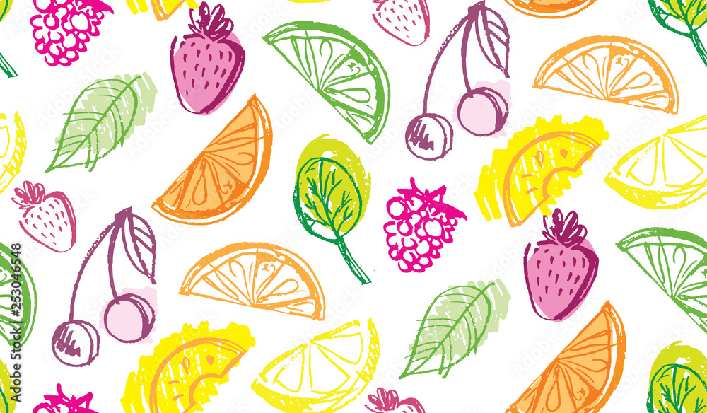 Hand drawn doodle fruit pattern background - smoothie fresh cocktail