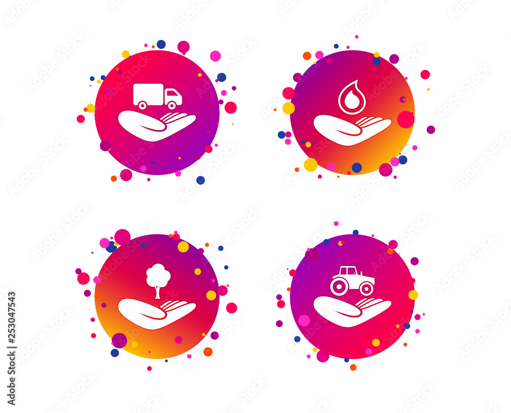 Helping hands icons. Agricultural tractor insurance symbol. Delivery truck sign. Save nature forest. Water drop. Gradient circle buttons with icons. Random dots design. Vector Helping hands icons. Agricultural tractor insurance symbol. Delivery truck sign. Save nature forest. Water drop. Gradient circle buttons with icons. Random dots design. Vector