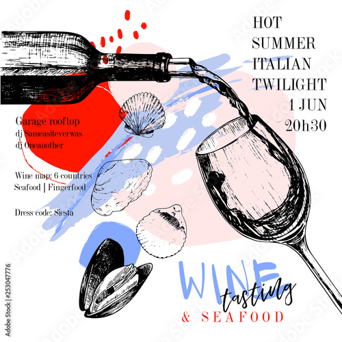 Wine tasting and seafood party poster. Vector hand drawn wine bottle, glass and mussels. Italian sea fingerfood banner. Modern abstract background. Vintage restaurant menu, invitation, flyer design.