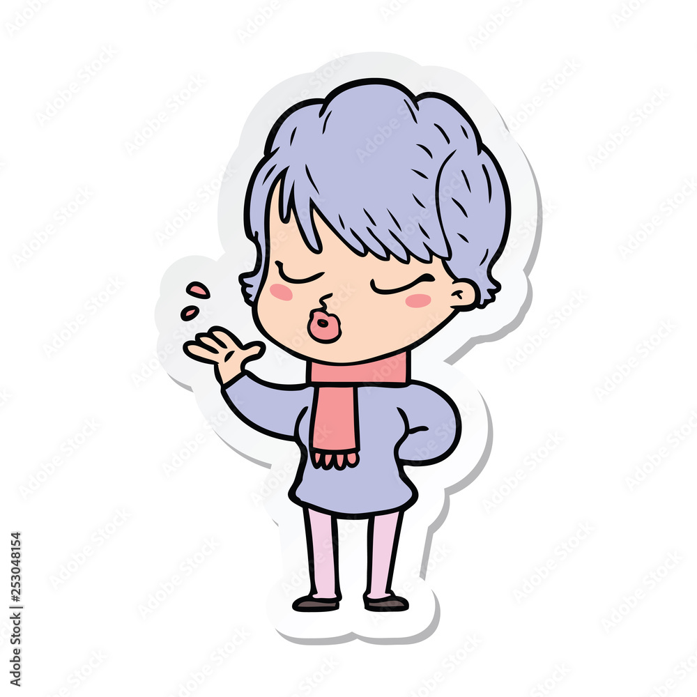 sticker of a cartoon woman with eyes shut