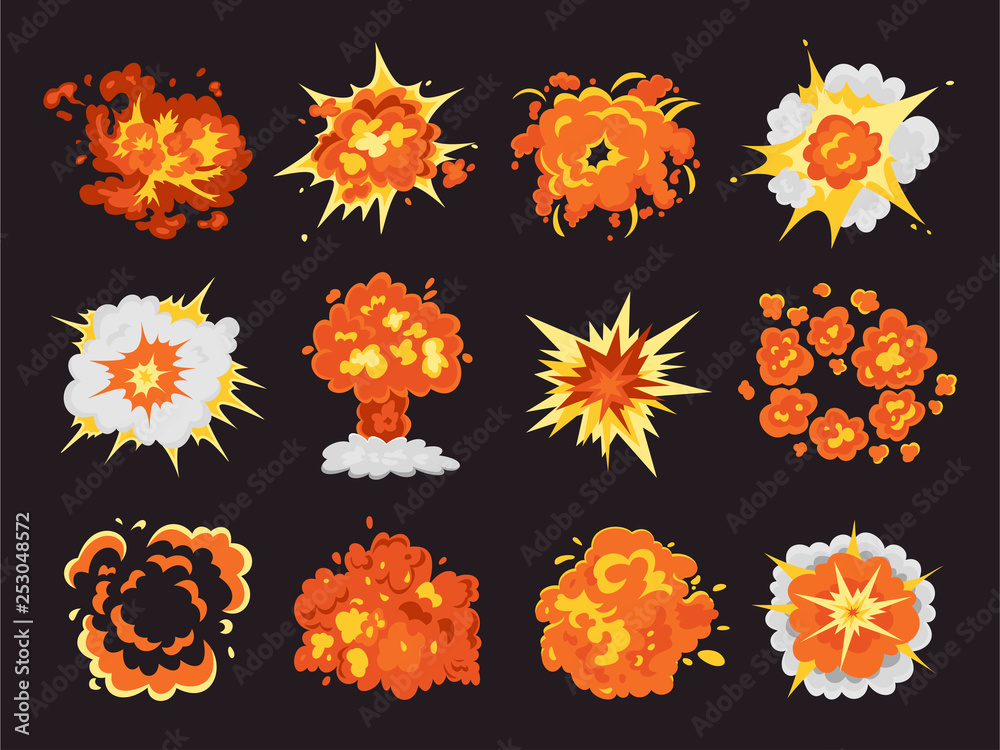 Bomb explosion and fire bang cartoon set