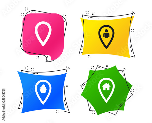 Map pointer icons. Home, food and user location symbols. Restaurant and cupcake signs. You are here. Geometric colorful tags. Banners with flat icons. Trendy design. Vector