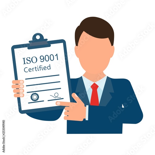 ISO certified quality management system document. Vector image, white background.