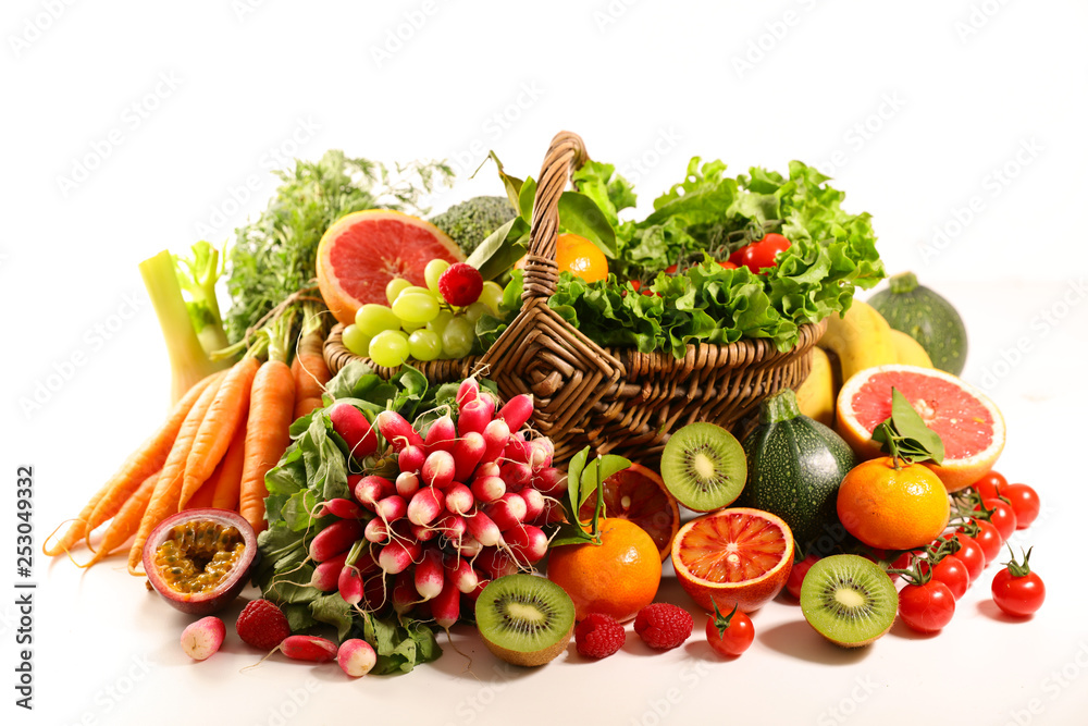 abundance fruit and vegetable isolated on white background