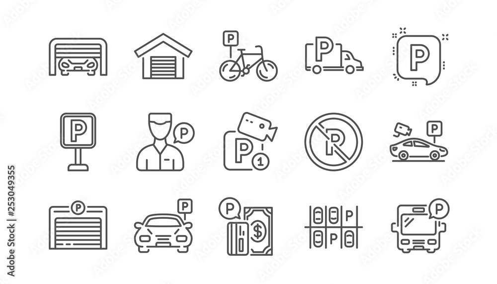 Parking line icons. Garage, Valet servant and Paid parking. Car transport park place linear icon set.  Vector