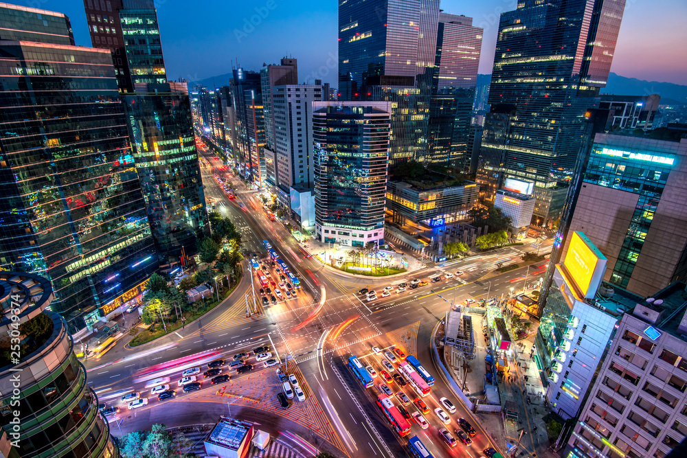 night view of gangnam square in Seoul South Korea