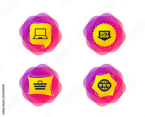 Online shopping icons. Notebook pc, shopping cart, buy now arrow and internet signs. WWW globe symbol. Geometric gradient sales shapes. Creative banners. Template for design. Vector