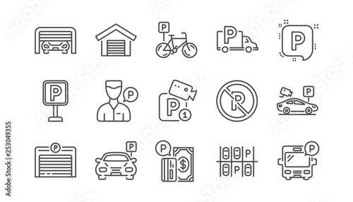 Parking line icons. Garage, Valet servant and Paid parking. Car transport park place linear icon set. Vector