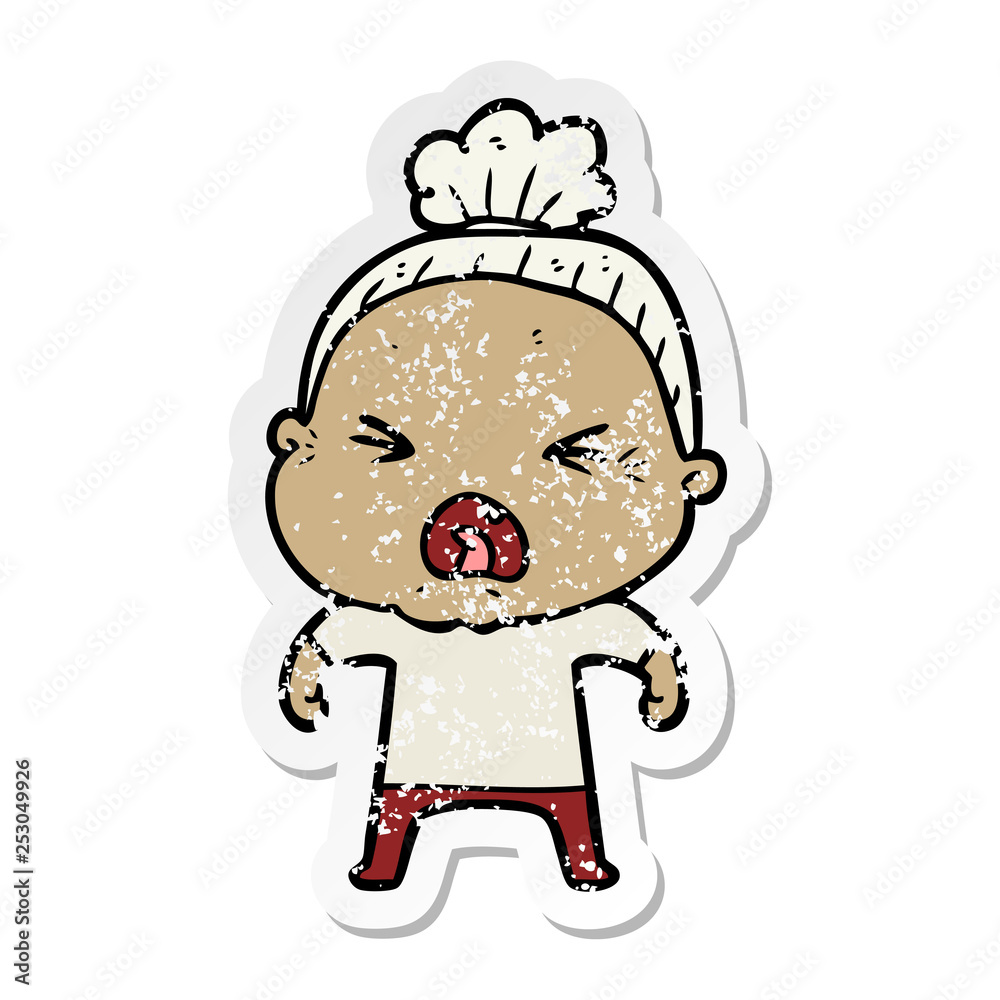 distressed sticker of a cartoon angry old woman distressed sticker of a cartoon angry old woman