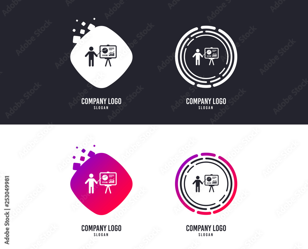 Logotype concept. Presentation sign icon. Man standing with pointer. Scheme and Diagram symbol. Logo design. Colorful buttons with icons. Vector