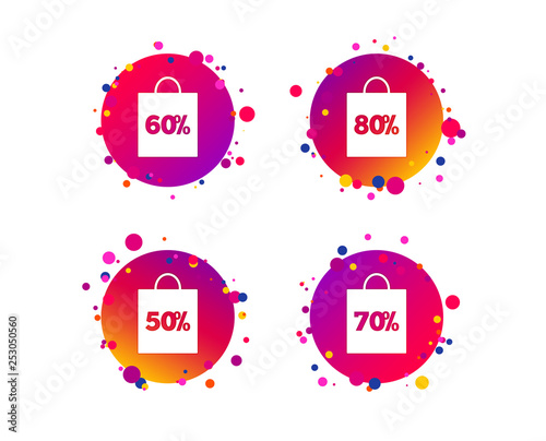 Sale bag tag icons. Discount special offer symbols. 50%, 60%, 70% and 80% percent discount signs. Gradient circle buttons with icons. Random dots design. Vector