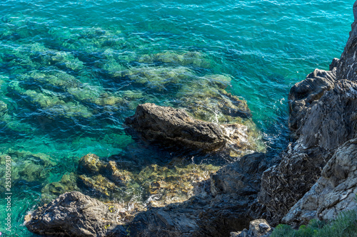 Italy, Cinque Terre, Monterosso, a close up of a rock next to a body of water