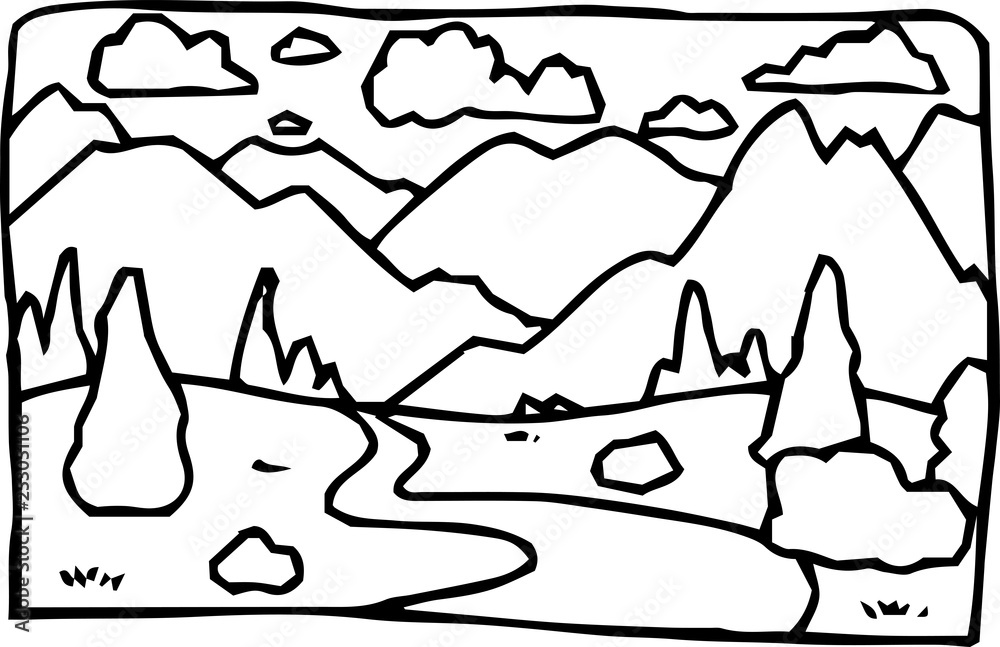 Rough sketch of hand-drawn natural scenery outline