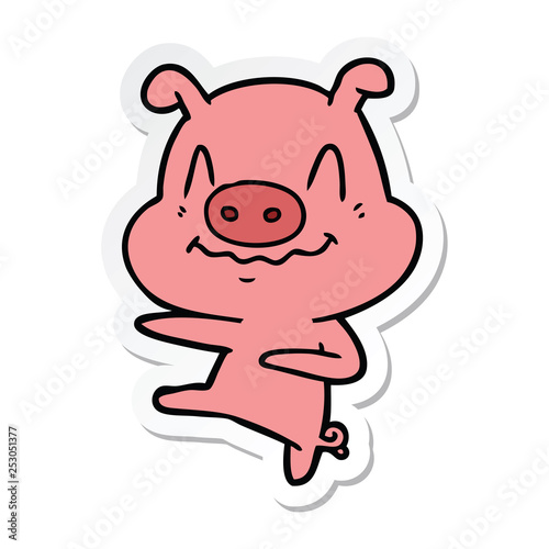 sticker of a nervous cartoon pig dancing