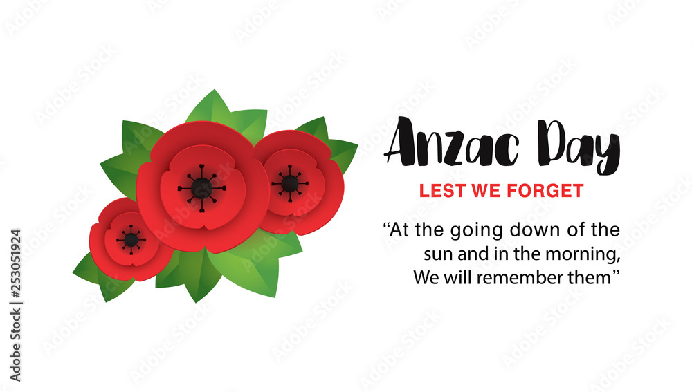 Anzac Day Poppy invitation card. Lest We Forget quote. 25th April date  Stock Vector | Adobe Stock