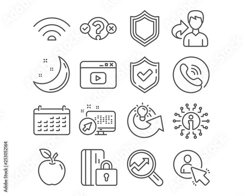 Set of Security, User and Quiz test icons. Wifi, Analytics and Calendar signs. Share idea, Blocked card and Video content symbols. Protection shield, Project manager, Select answer. Vector