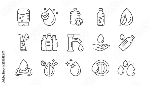 Water drop line icons. Bottle, Antibacterial filter and Tap water. Clean water linear icon set.  Vector