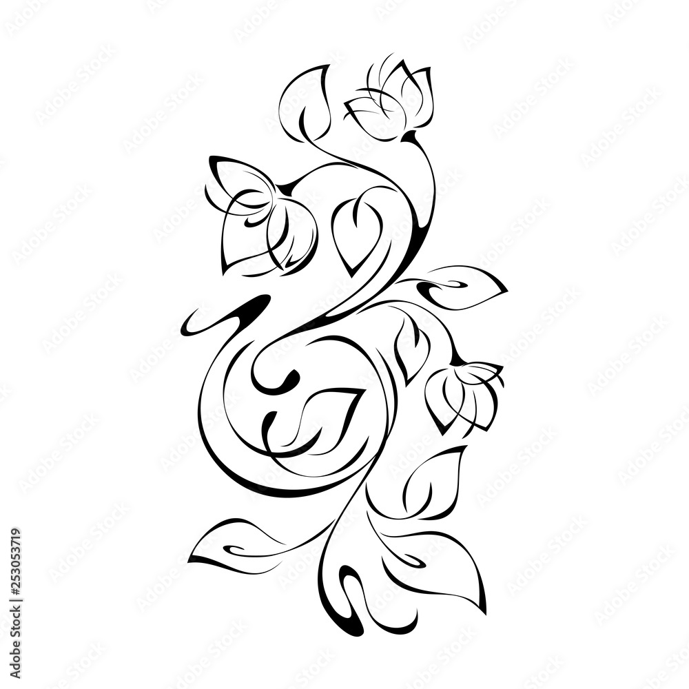 decorative floral ornament with flowers and leaves in black lines on white background decorative floral ornament with flowers and leaves in black lines on white background