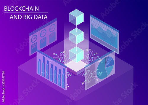 Blockchain and big data concept. 3d isometric vector illustration with floating blocks including monitoring dashboards