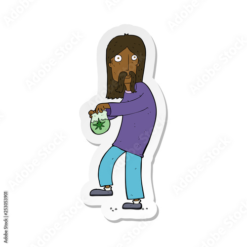 sticker of a cartoon hippie man with bag of weed