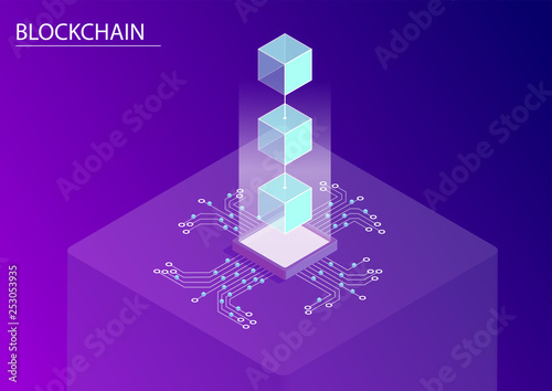 Blockchain concept. 3d isometric vector illustration with floating connected blocks and data flow