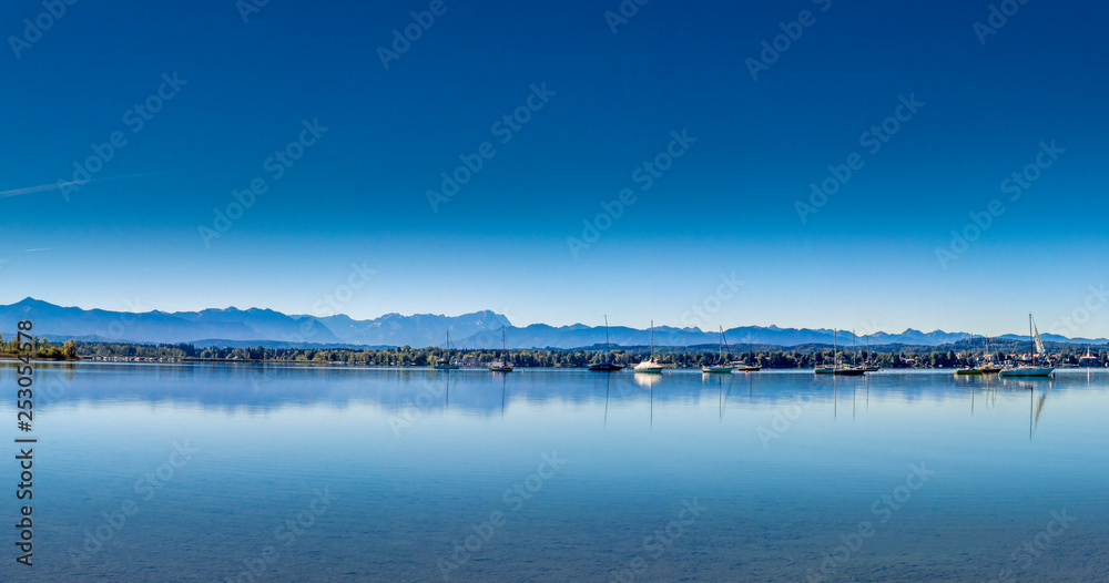 View of Lake Starnberg and the Alps