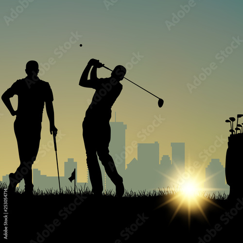 Two golfers silhouette playing on the playground and in city