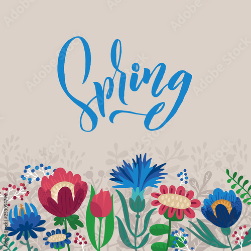 Spring. Vector floral illustration with flowers and leaves. Gentle  spring background
