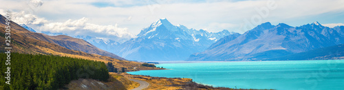 Mount cook view point with the lake pukaki and the road leading to mount cook village view point with the lake pukaki and the road leading to mount cook village in South Island New Zealand.