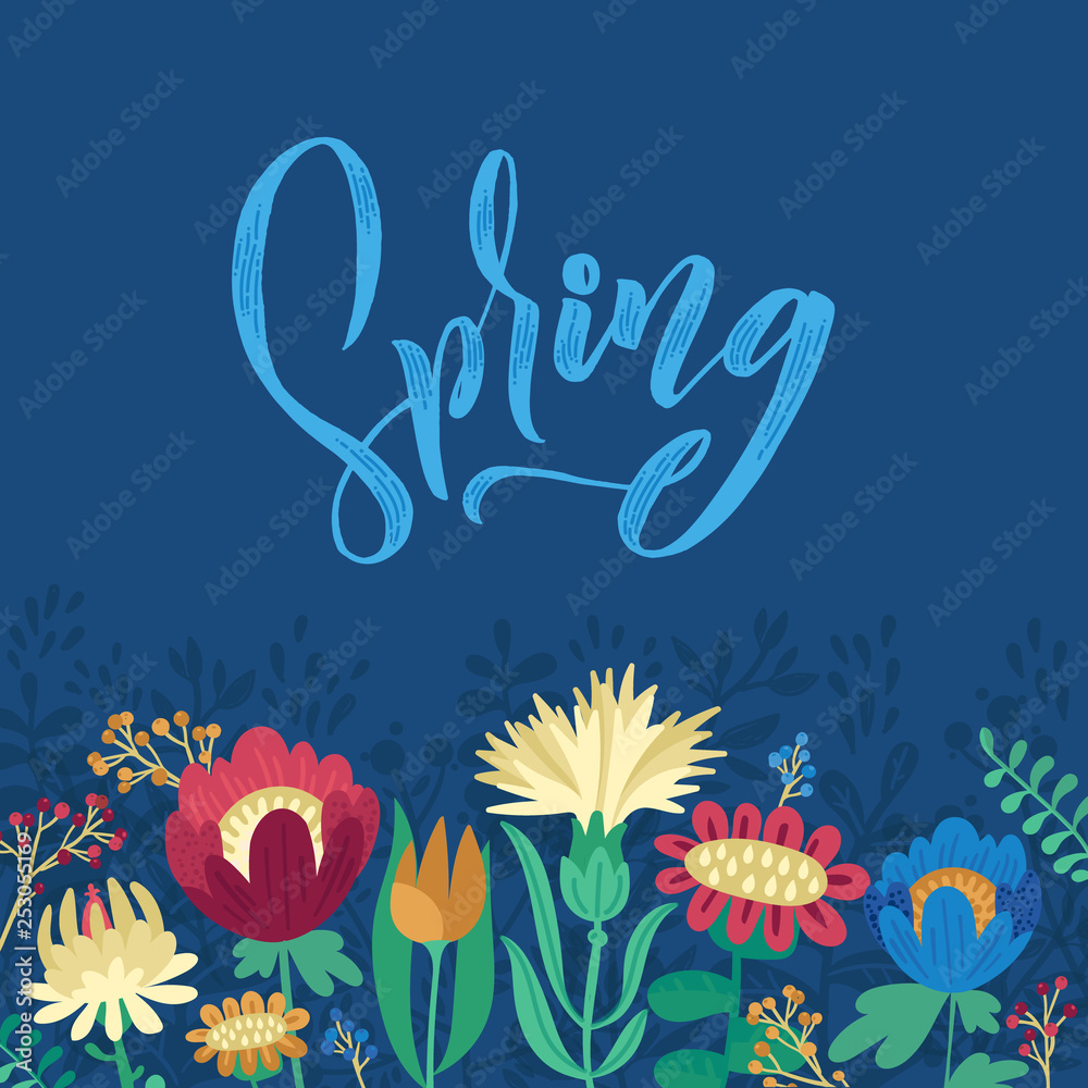 Spring. Vector floral illustration with flowers and leaves. Gentle, spring background