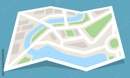 Folded map paper icon. Flat color style vector illustration.