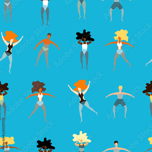 people of different races swim in the sea. seamless pattern