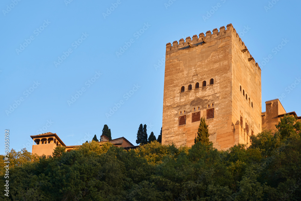 Exterior view of the Comares Tower in the Alhambra of Granada. Spain