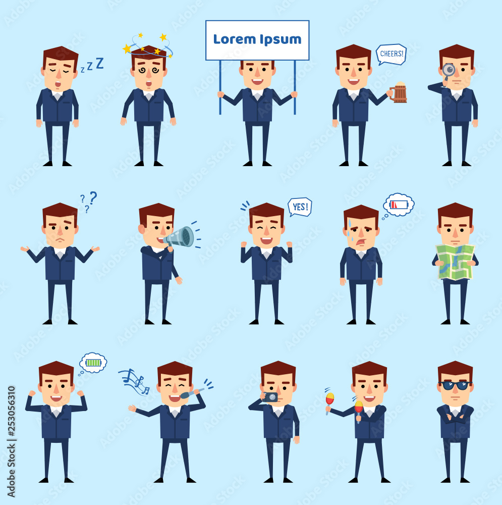 Set of businessman in blue suit showing different actions. Cheerful man holding loudspeaker, map, sleeping, dazed and showing other actions. Flat style vector illustration Set of businessman in blue suit showing different actions. Cheerful man holding loudspeaker, map, sleeping, dazed and showing other actions. Flat style vector illustration