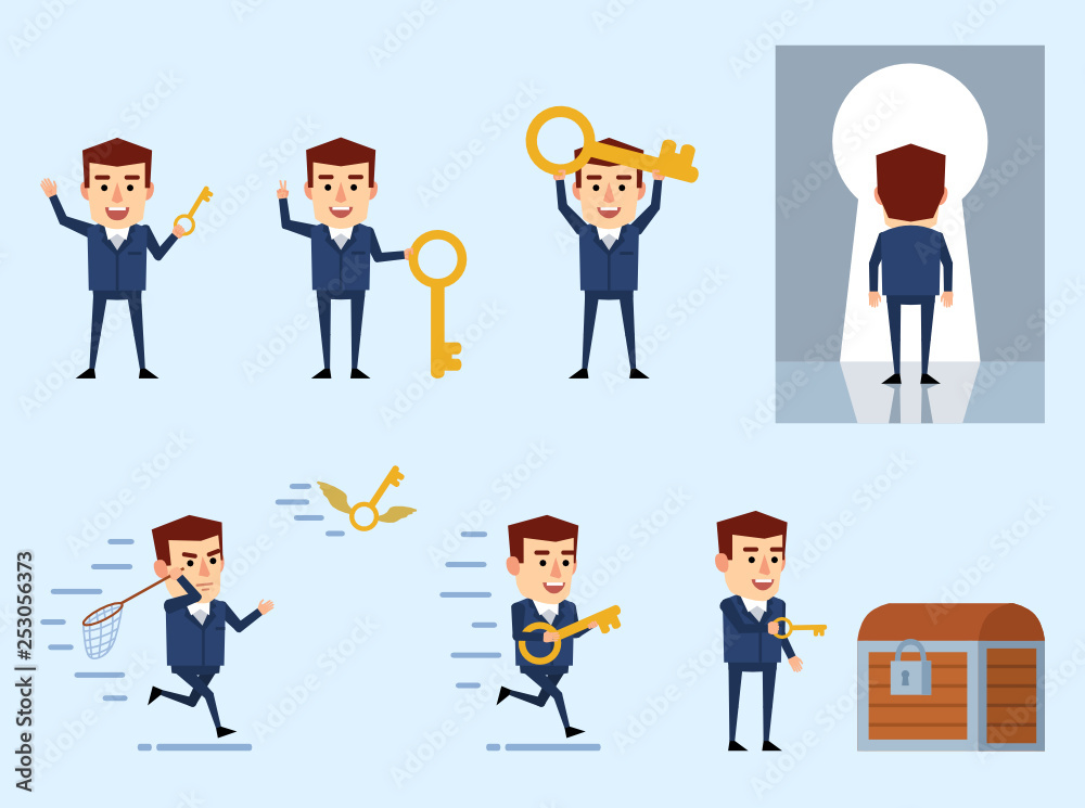 Set of businessman characters posing with key in diverse situations. Find key to solve problem, key to success. Flat design vector illustration Set of businessman characters posing with key in diverse situations. Find key to solve problem, key to success. Flat design vector illustration