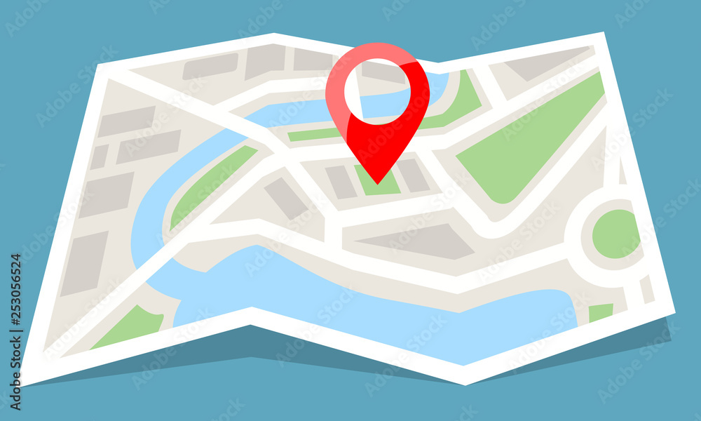 Folded map paper with red pin icon. Flat color style vector illustration. Folded map paper with red pin icon. Flat color style vector illustration.