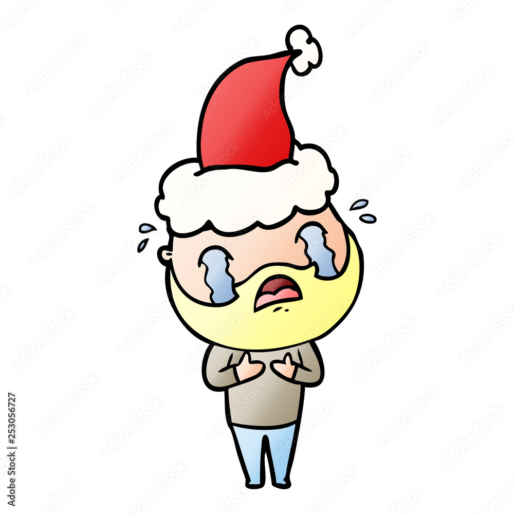 gradient cartoon of a bearded man crying wearing santa hat
