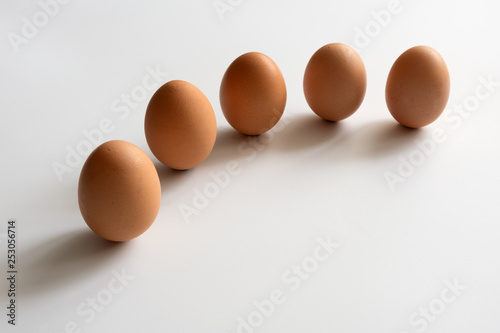 Five chicken eggs in a row on a white background