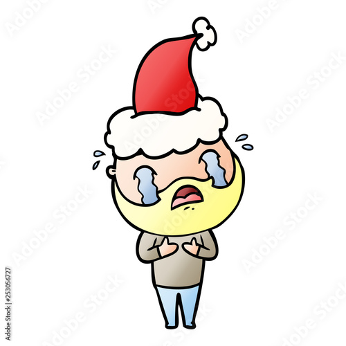gradient cartoon of a bearded man crying wearing santa hat