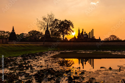 Sukhothai historical park and surrounding area example Wat Si Chum, Wat Traphang-Thong, Sorasak Temple in the midday and twilight photo